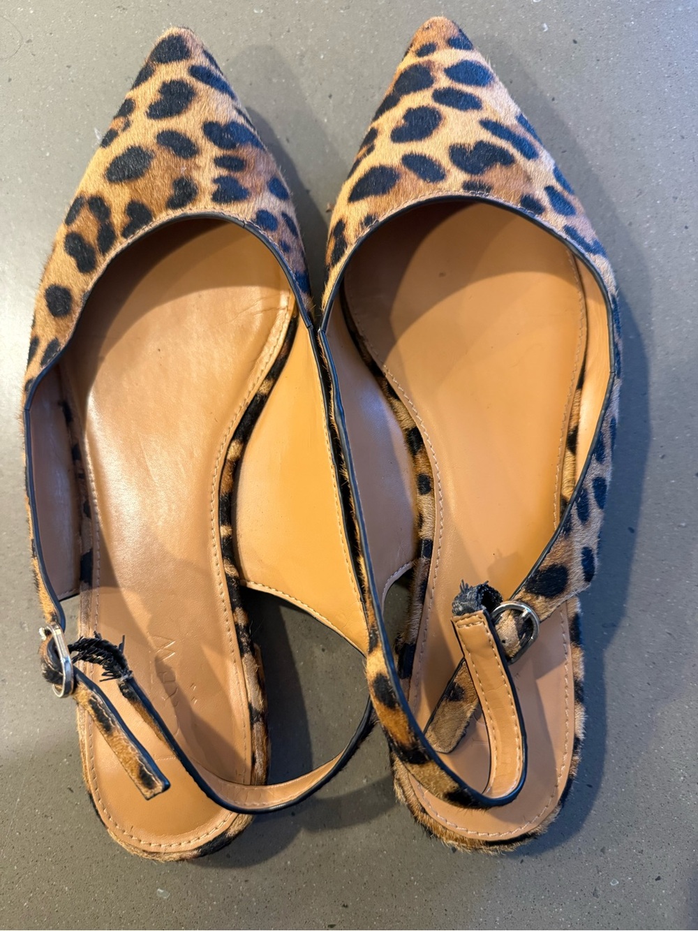 J. Crew Leopard Print Pointed Slingback Flats in Tan and Black
